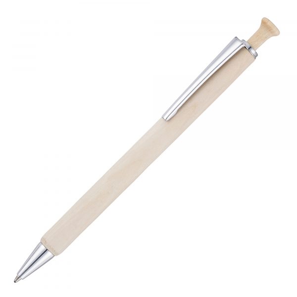 Push action ball pen with stunning chrome metal trims, this model features Birch Wood barrel from a sustainable source.