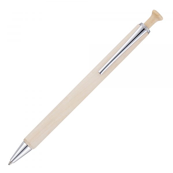 Push action ball pen with stunning chrome metal trims, this model features Birch Wood barrel from a sustainable source.