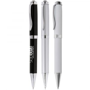 A great look and substantial feel in this weighty twist action pen with a great print area.