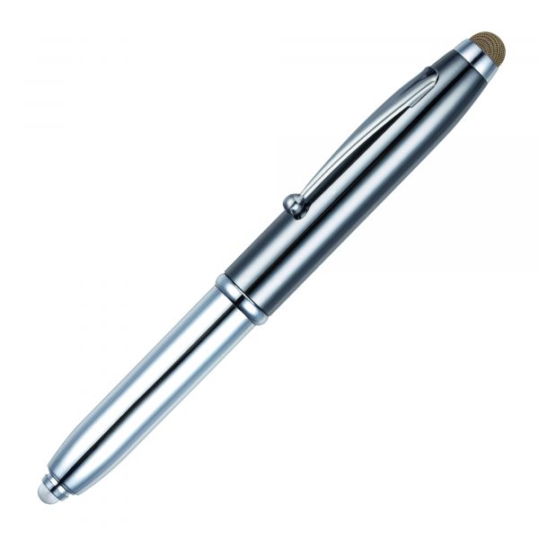 Our best selling multi-function pen with a high end twist! In addition to the ball pen and LED torch this lux, gun metal version will also feature a stylish mesh fabric stylus. The ideal executive gift!