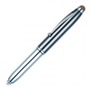 Our best selling multi-function pen with a high end twist! In addition to the ball pen and LED torch this lux, gun metal version will also feature a stylish mesh fabric stylus. The ideal executive gift!