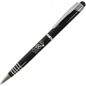 A stylish twist action pen with a soft stylus end piece - ideal for touch sensitive devices. Black ink.