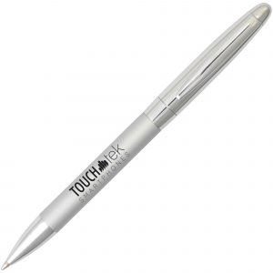 A twist action ball pen with two tone chrome accents and a great print area to the lower barrel.