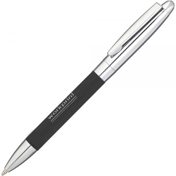 A twist action ball pen with a soft touch matt black barrel and chrome undercoat which is offered as an engraved option only. Price shown are for a standard flat engrave, a larger engrave area (rotary) is available at an additional cost.