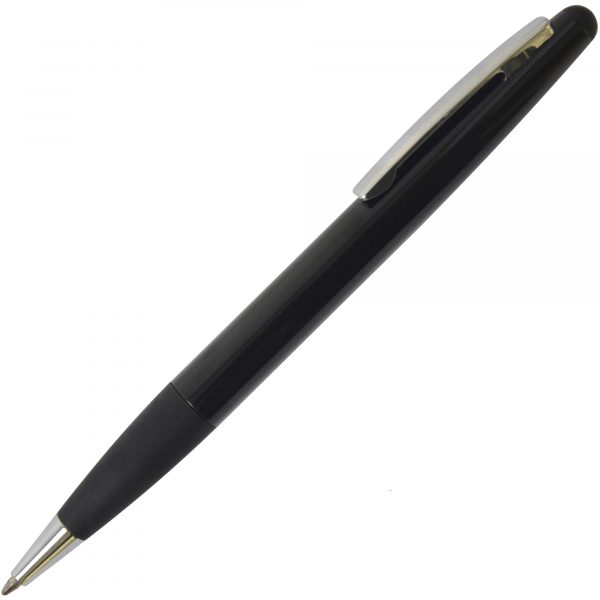 A sleek and substantial twist action pen with comfort grip and soft stylus. Undercoated chrome engraving is available on black, blue if required.