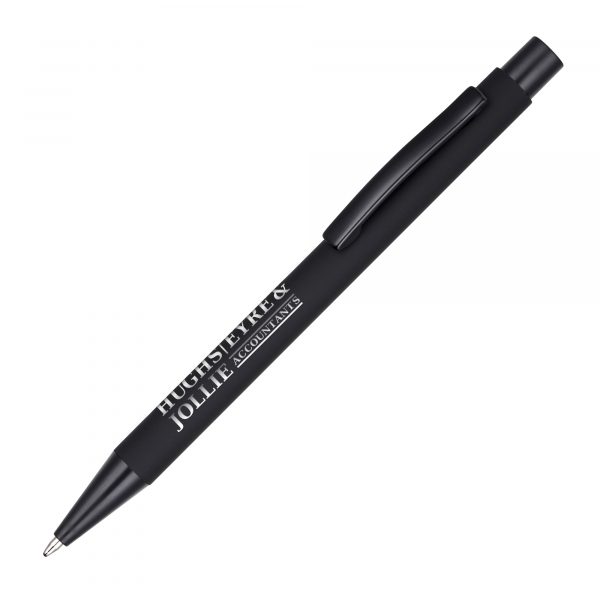 a super sleek all black version of the new soft-feel Travis ball pen. The chrome engraving stands out beautifully on this surface! Available on its own or as part of a set.