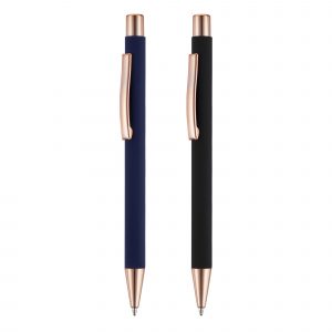 An executive soft feel push action ball pen with striking rose gold trims and beautiful rose gold engraving to match.