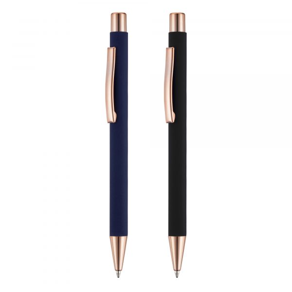 An executive soft feel push action ball pen with striking rose gold trims and beautiful rose gold engraving to match.
