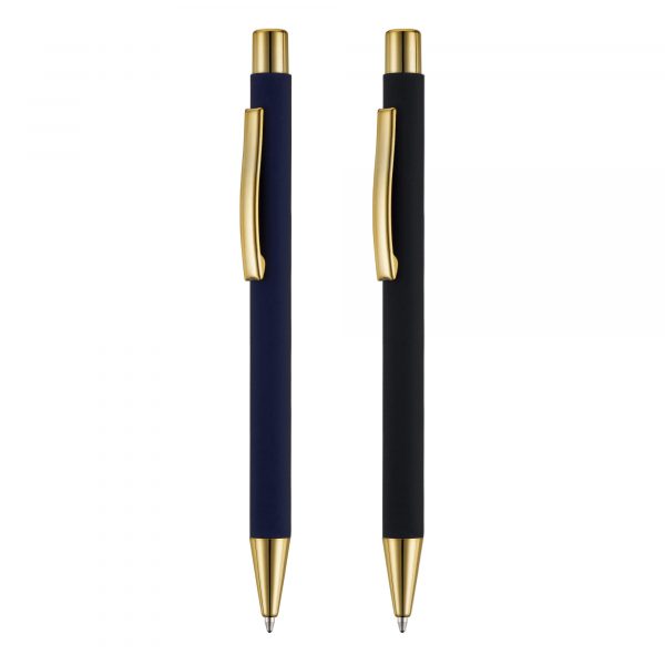 An executive soft feel push action ball pen with striking gold trims and beautiful gold engraving to match.