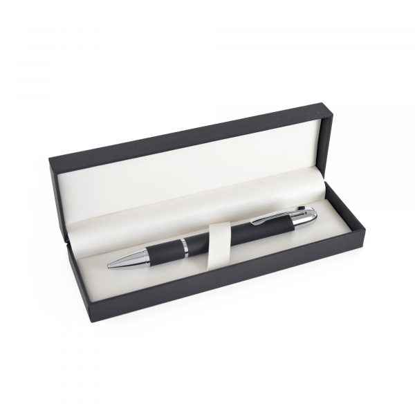 A hinged lid with cushioned interior - truly prestigious. Price is unprinted. Also available as a double pen box.