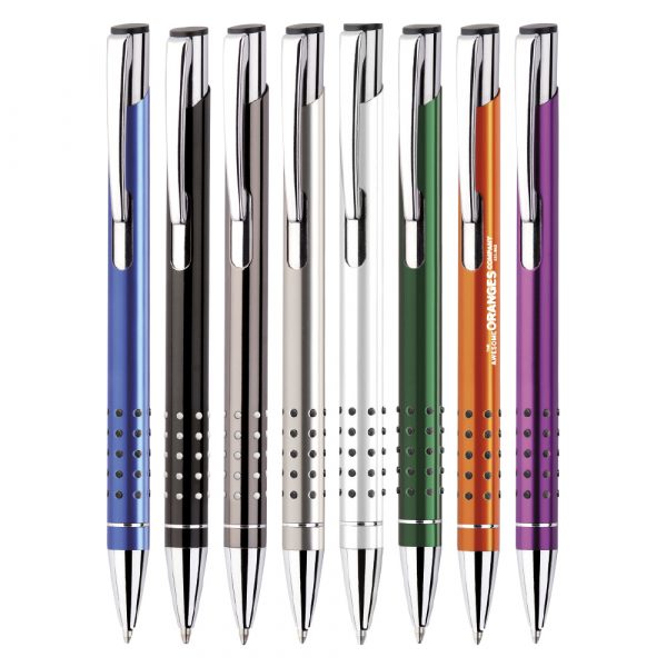 A metal push action pen. Very popular with spot design grip. Engraves well. Blue Ink.