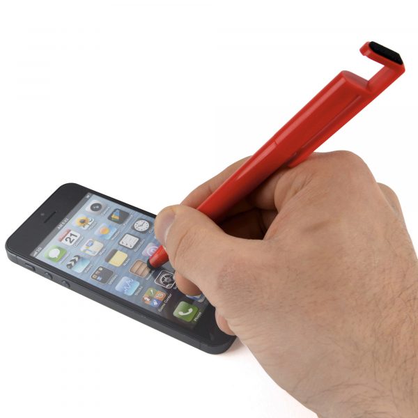 A truly useful pen! A twist action ball pen with a stylus, phone holder and screen cleaner.