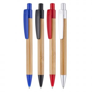 A pen featuring Bamboo barrel from a sustainable source and recycled plastic trim.