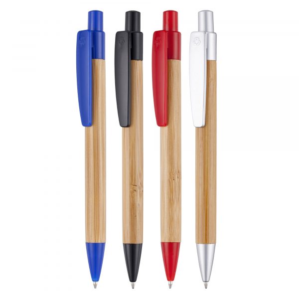 A pen featuring Bamboo barrel from a sustainable source and recycled plastic trim.