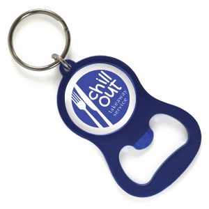 Metal keyring and bottle opener with metallic finish.