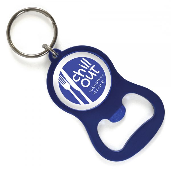 Metal keyring and bottle opener with metallic finish.