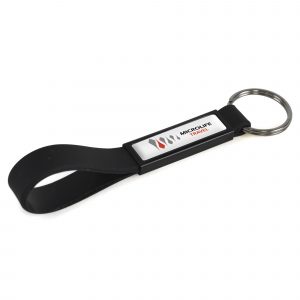 Silicone loop keyring with colour coordinated aluminium panel.