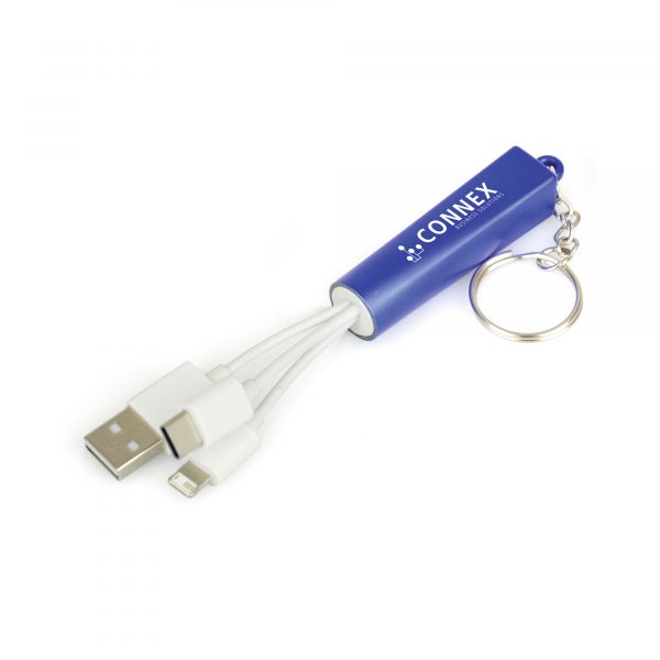 Plastic 3-in-1 light-up charger keyring. Engraving lights up when plugged in! Adaptors include: USB, type C and reversible 5 pin (Apple) and micro USB (android). Available in Blue, Red, Silver.