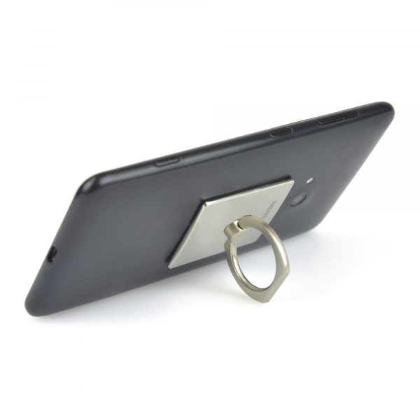 Metal ring that attaches to the back of your mobile phone to act as a stand or to use as a holder for added grip when carrying. Available in matte silver finish only.