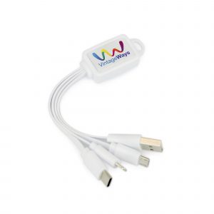 You can now have multiple device charging cables all on one cable with this plastic keyring. Includes a USB, 5 pin, type C android and micro USB connectors. Available in white.