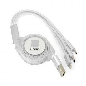 3-in-1 USB cable including type C connector, 5 pin connector (iPhone) and micro USB (android) connector. Simply pull both ends of the cable to extend up to 100cm! Available in white.