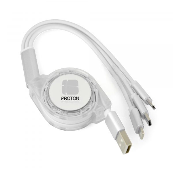 3-in-1 USB cable including type C connector, 5 pin connector (iPhone) and micro USB (android) connector. Simply pull both ends of the cable to extend up to 100cm! Available in white.