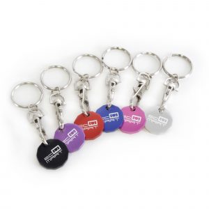 12 sided metal trolley coin with detachable trigger clip and split ring attachment. Available in 6 colours.