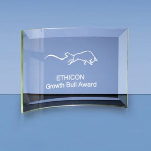 The stylish jade glass bevelled crescent is an ideal inexpensive recognition award. Price includes engraving and flat pack gift box.