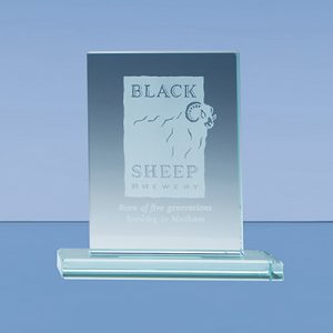 The stylish rectangle award is crafted from 12mm thick jade glass and mounted on a rectangular base. Price includes engraving and foam lined gift box.