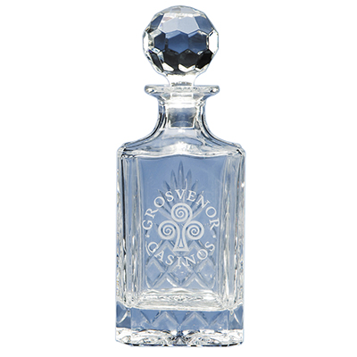 0.8ltr elegant square spirit decanter is beautifully crafted out of 24% lead crystal. Price includes engraving and blue gift box.