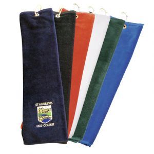 Top quality 100% Cotton 500gms luxury tri-fold velour golf towel embroidered to your design, with a carabiner clip for attachment to golf bag. Compact Trifold Towel is made from 100% Velour.