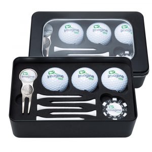 Large stylish black window tin accommodating three budget golf balls, a Quad fork with a removable ball marker and a Monaco poker chip marker printed full colour to your design with five plain white
