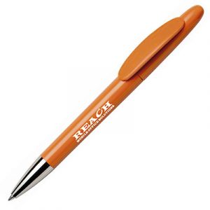 Very attractive solid twist action ball pen with silver nose cone. Available in a range of colours with a good print area. Black ink refills.