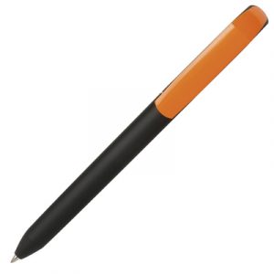 Pure Soft Black twist plastic soft feel ball pen. Solid black barrel with colour clip. Black Ink Refills.