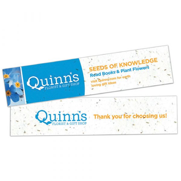 Seeded paper bookmark printed one side on white paper (coloured paper available at additional cost). Printed in full colour wrap with up to 40% coverage per side with wildflower seed.