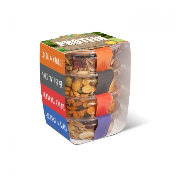 Four plastic free Eco Pots stacked and branded with a card wrap. Four healthy snack fillings inside.