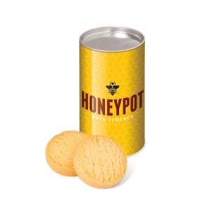 Small card snack tube filled with mini buttered shortbreads. Branded with a cast-gloss wrap.