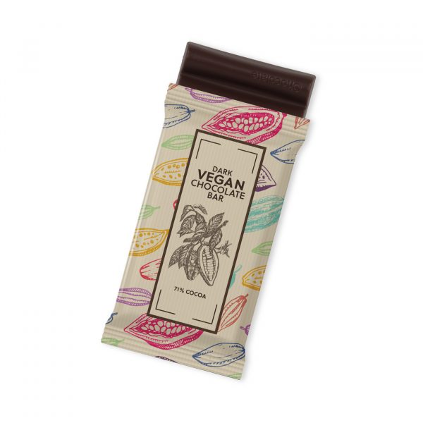 Hand crafted vegan dark chocolate wrapped in fully branded kraft film.