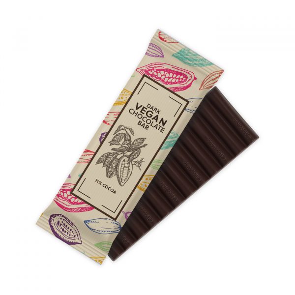 Hand crafted vegan dark chocolate wrapped in fully branded kraft film.