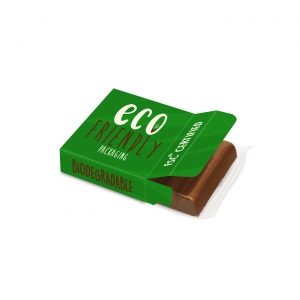 Hand crafted milk chocolate bar wrapped in clear eco film and placed in fully branded eco box.