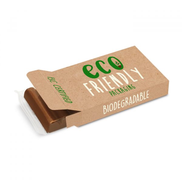 Hand crafted milk chocolate bar wrapped in clear eco film and placed in fully branded eco box.