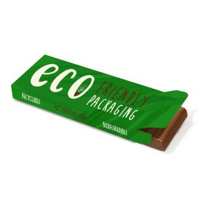 Hand crafted milk chocolate bar wrapped in clear eco film and placed in fully branded eco box.