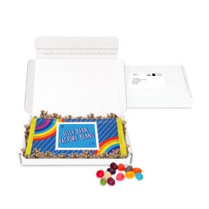 A slim white postal box that comes filled with 150g of Jelly Beans in a branded flow bag.