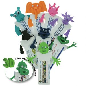 A massive range of bright coloured foam characters attached to a recycled card Bookmark printed full colour available.