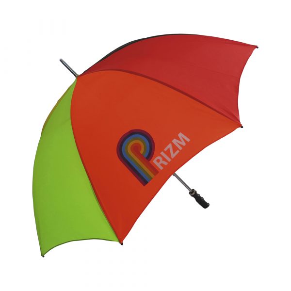 Bargain golf size umbrella with a choice of finishes. Windproof iron stem for increased flexibility and stability in windy conditions, two frame options available at no extra cost, black handle.