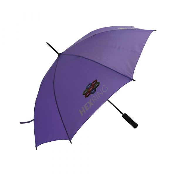 High quality, low cost modern automatic opening walking size umbrella. Black metal stem and spike with brushed metal detailing, automatic opening function for quicker opening, black eva handle