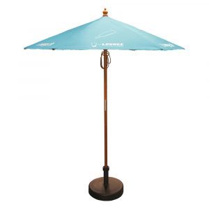 Modern six panelled parasol with heavy duty wooden stem and ribs with pull cord opening.