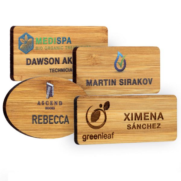 Bamboo name badges. Full colour logo, personalisation & standard fittings. Available in 6 standard sizes. Bar pin or dual pin & clip fitting as standard.