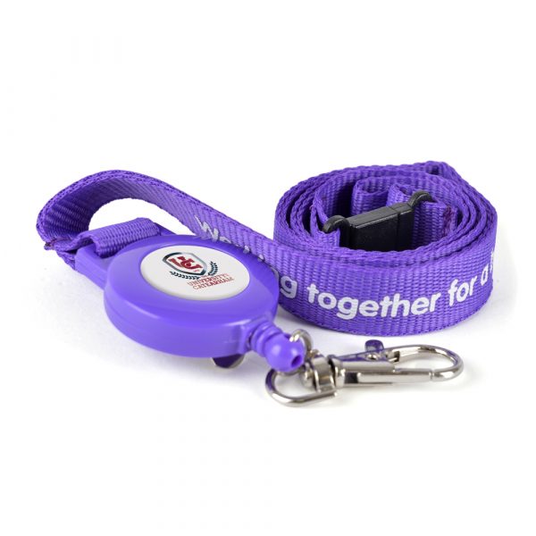 Polyester lanyard with metal hook and retractable ski pass holder.