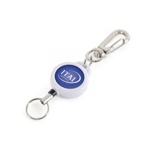 Plastic retractable ID holder with a metal trigger clip and split ring attachment. Ideal for holding ID cards & security passes.